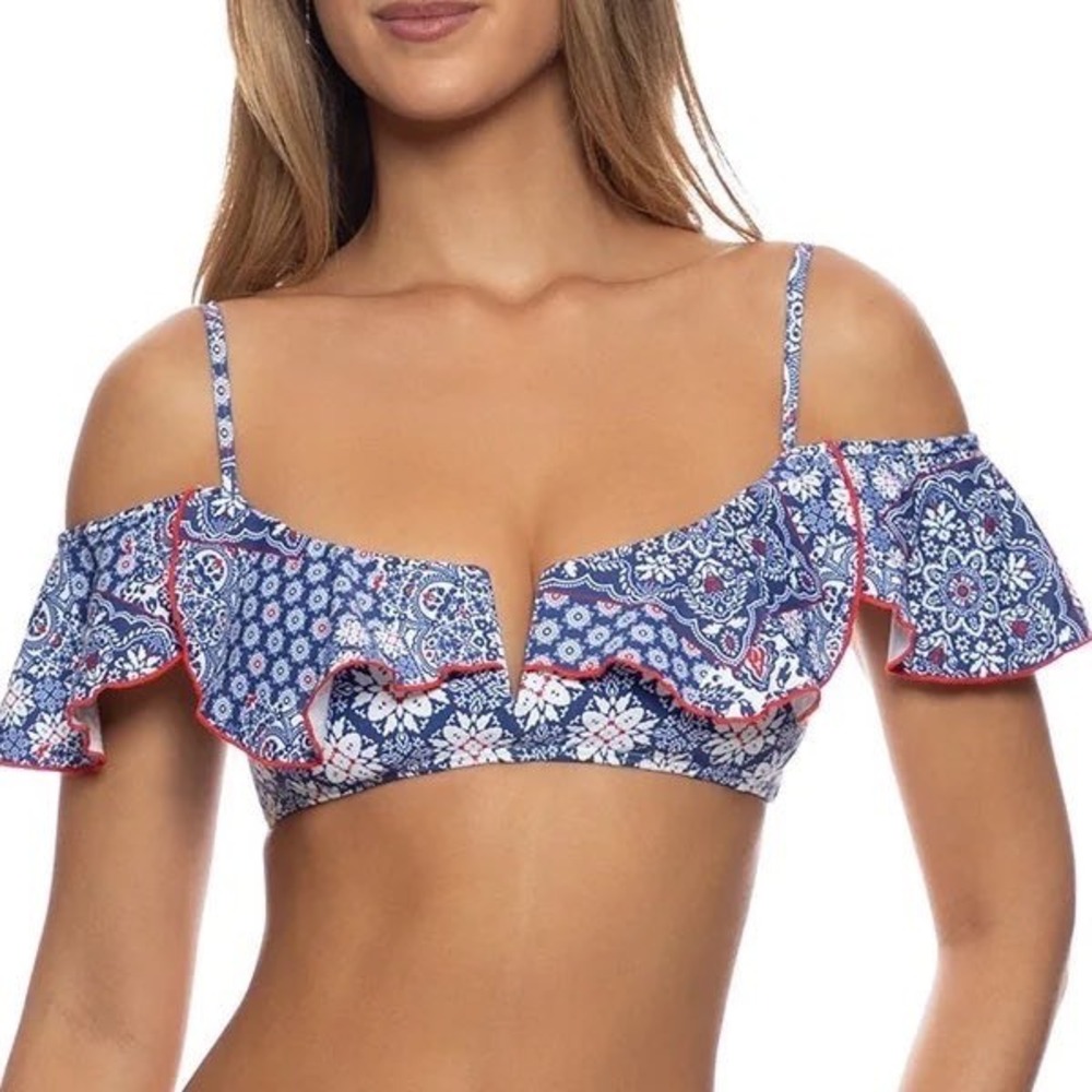 Luli Fama Naughty Girl V-Ruffle Bikini Top Blue Paisley Off Shoulder Small
